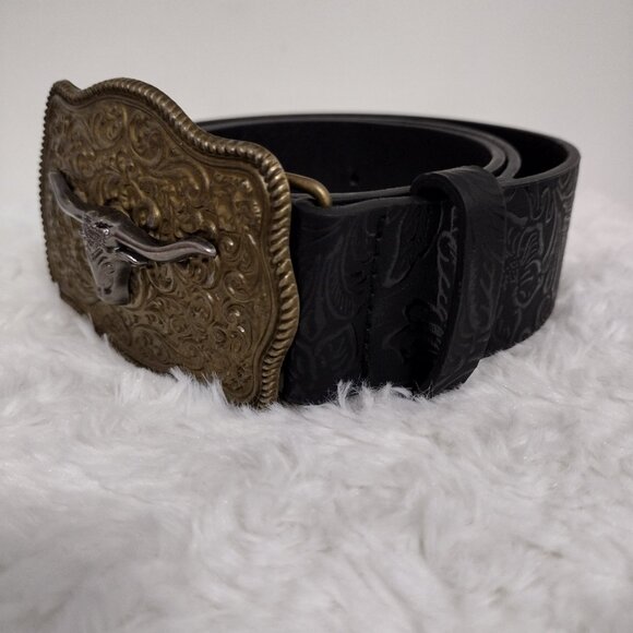 Western Longhorn Skull Statement Belt Engraved Gold Buckle Ranch Style - Picture 12 of 12